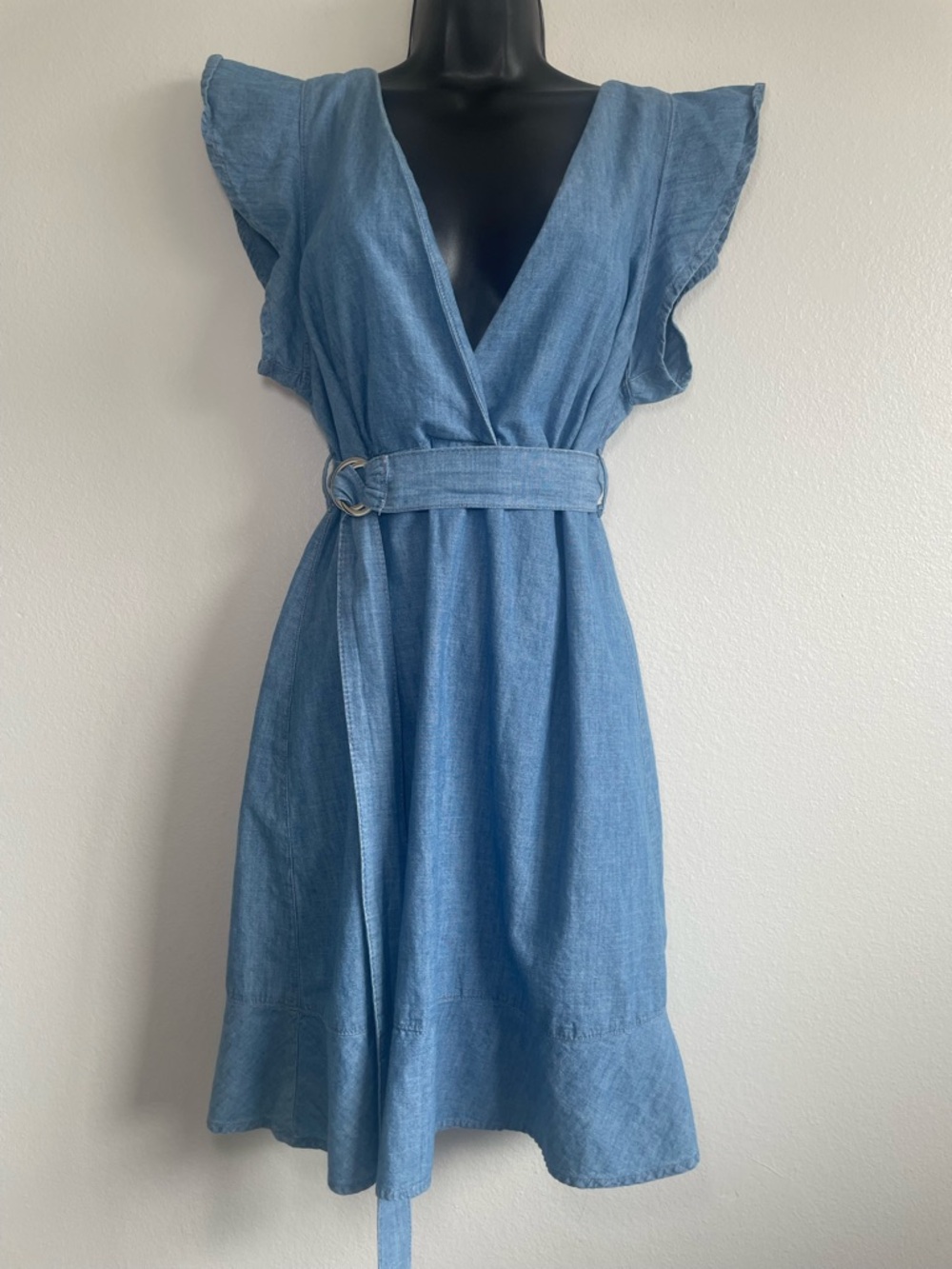 Topshop US 8 Chambray Denim Look Wrap Dress Flutter Sleeve Belted Midi Blue - Picture 2 of 11